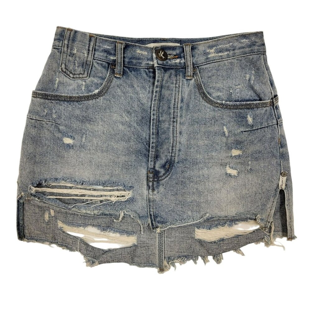 One Teaspoon Vanguard Mid Waist Relaxed Distressed Torn Denim Mini Jean Skirt 25